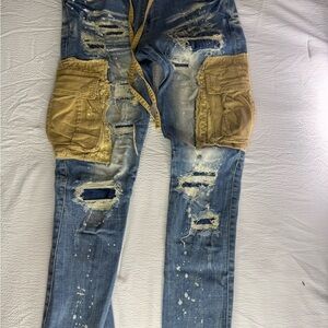 Distressed Blue Denim Cargo Patch Jeans with Tan Pockets